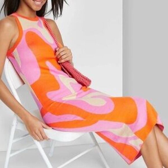 Wild Fable Pink Orange Swirl Funky Retro Mod Dress Size XL Maxi Knit NEW - Picture 1 of 11
